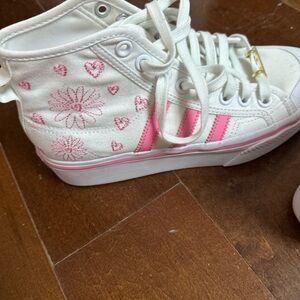 adidas Kids White and Pink High-Top Sneakers